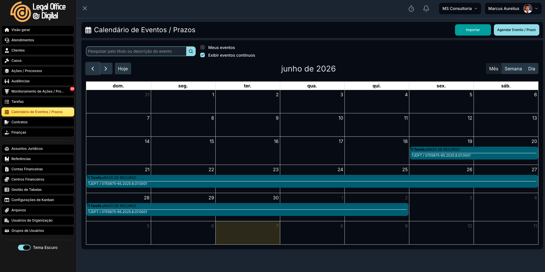 Calendário de Eventos e Prazos do Legal Office